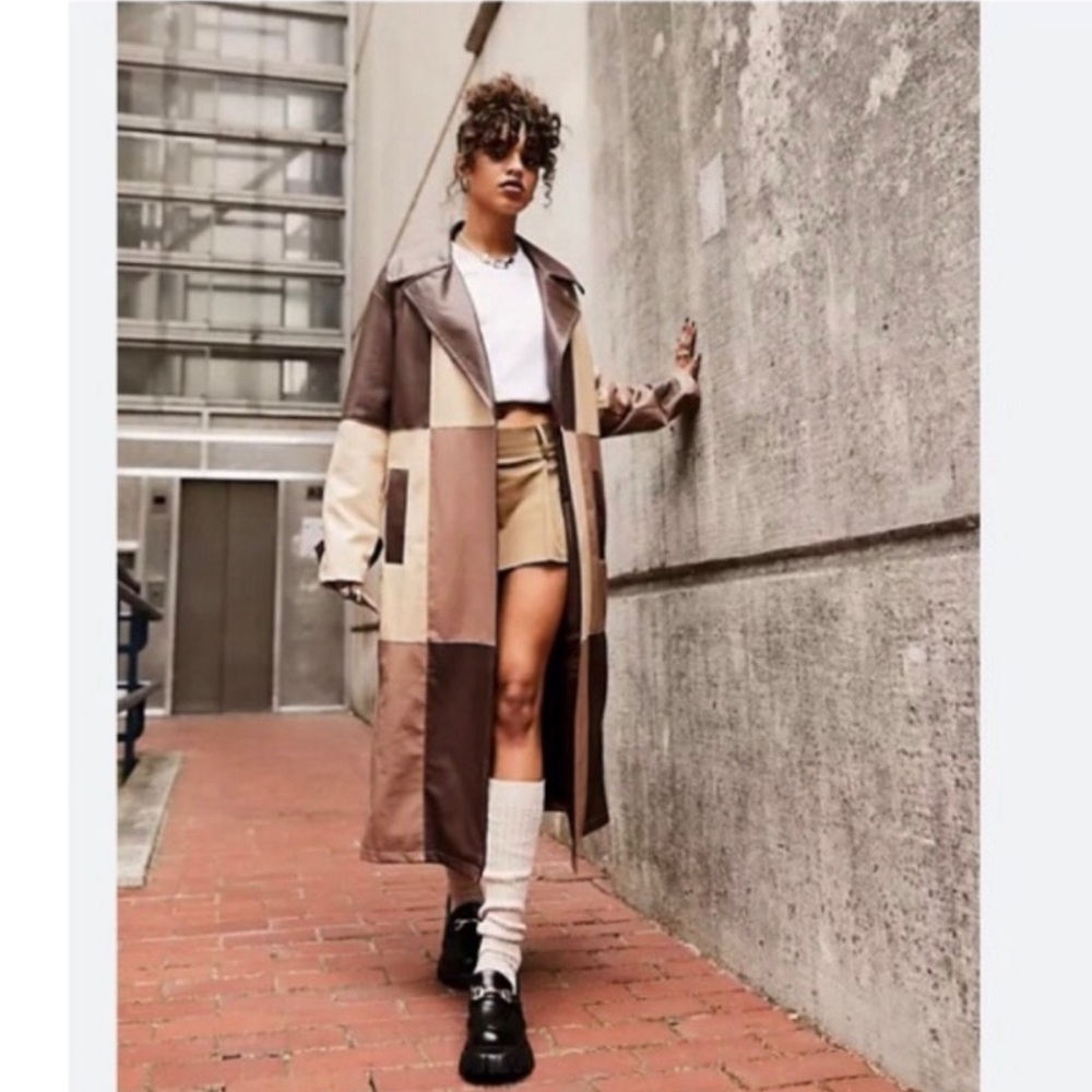 ASOS DESIGN patched faux leather trench coat in brown
